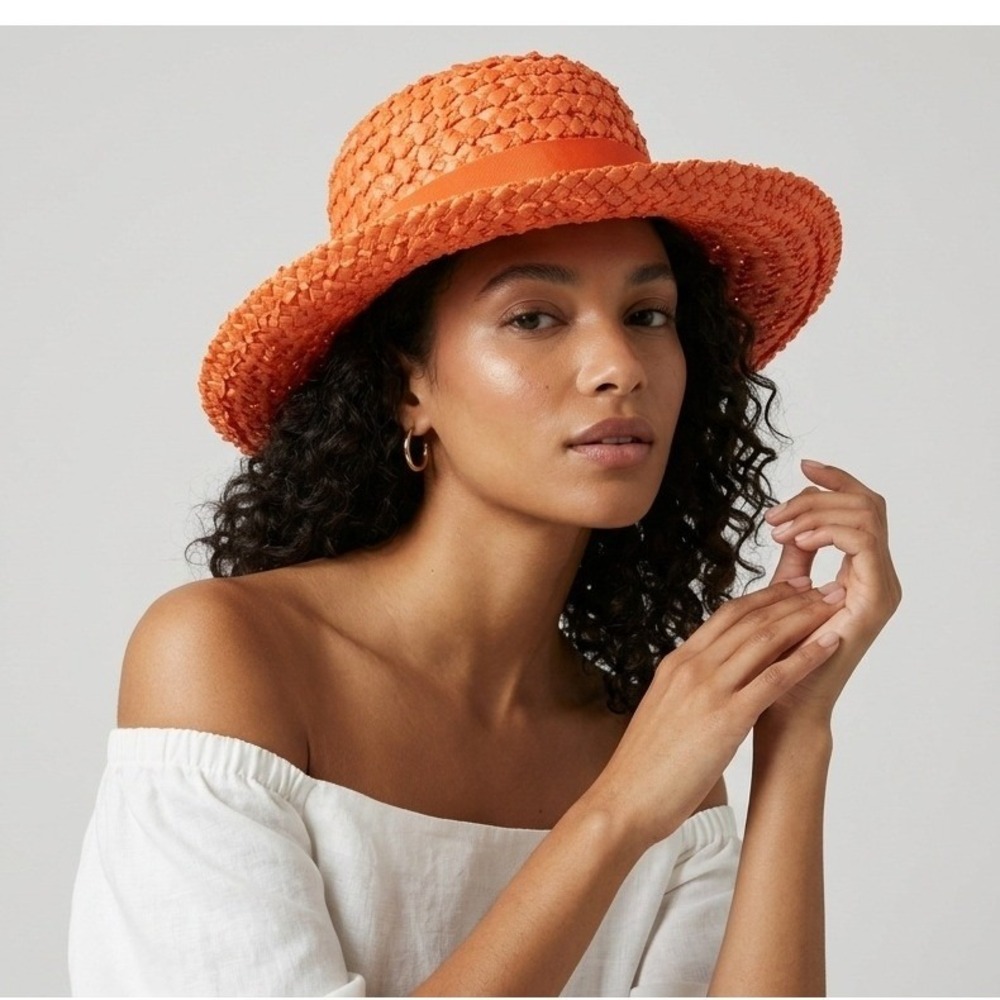 Sears Millinery Hat Women Vintage Orange Straw Sun Hat Grosgrain Ribbon Bow M